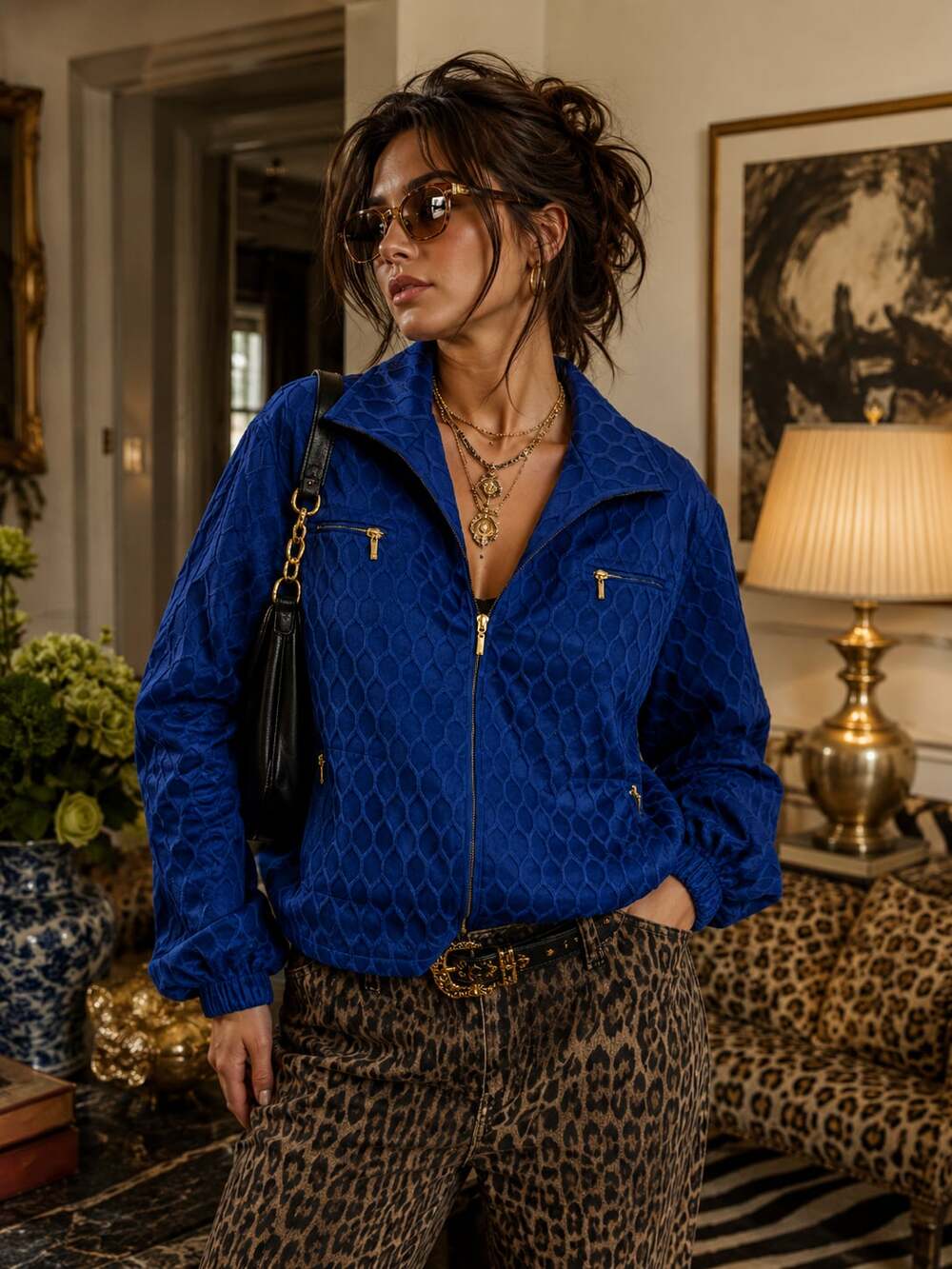 Carlisle Cobalt Blue Textured Zip Jacket Women’s 14 Gold Hardware Quiet Luxury